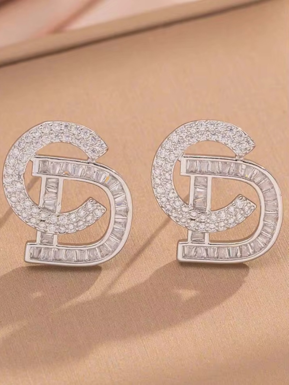 Crystal Interlocked CD Initial Stud Earrings - Silver